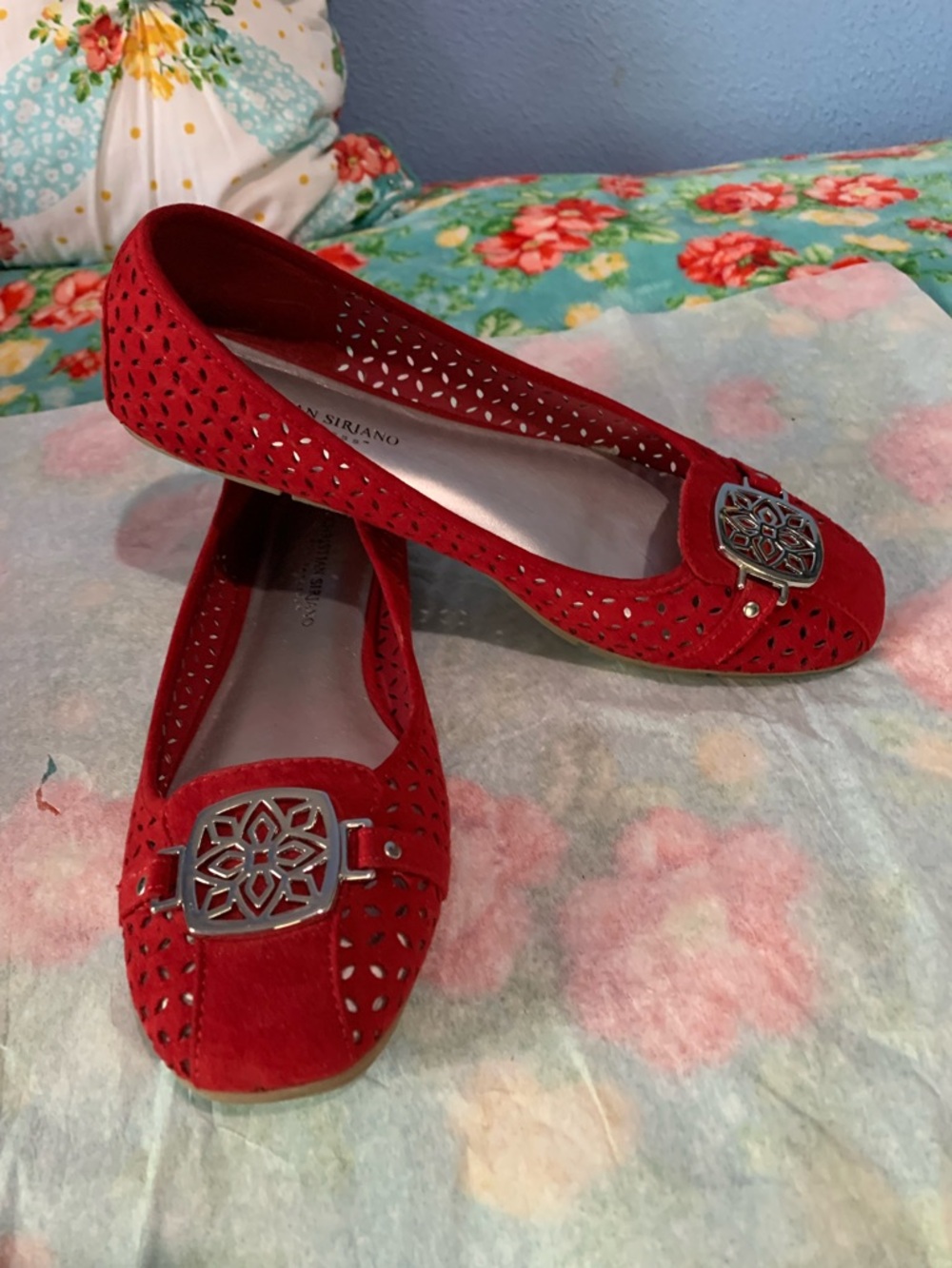 Christian Siriano Red Suede Perforated Flats with Silver Medallion - Picture 3 of 8